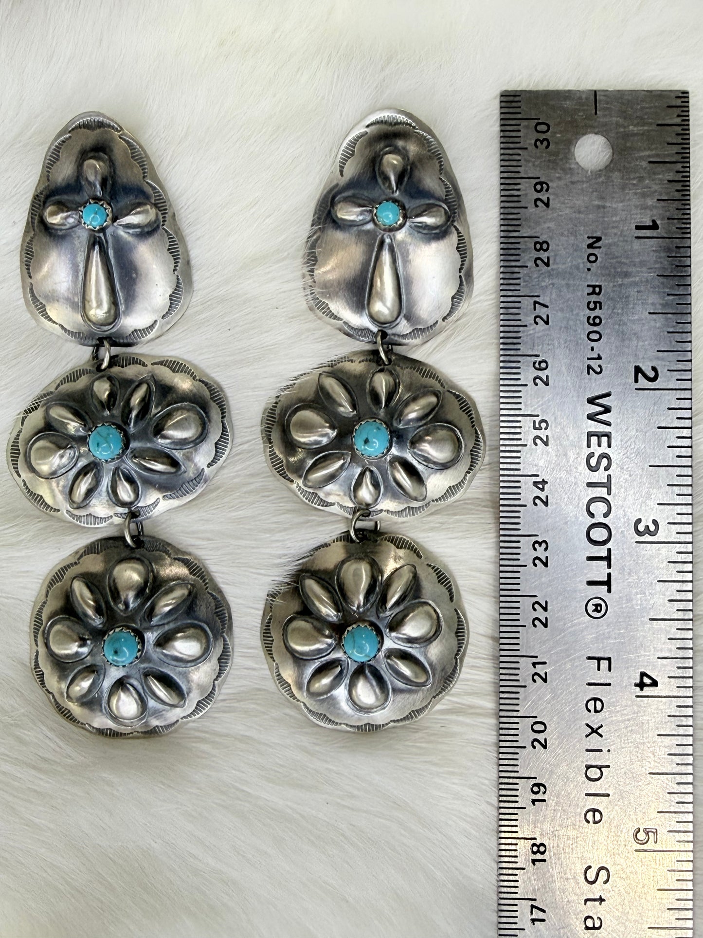 L. Yazzie, 3 Tier Sterling Silver Concho Earrings with Turquoise