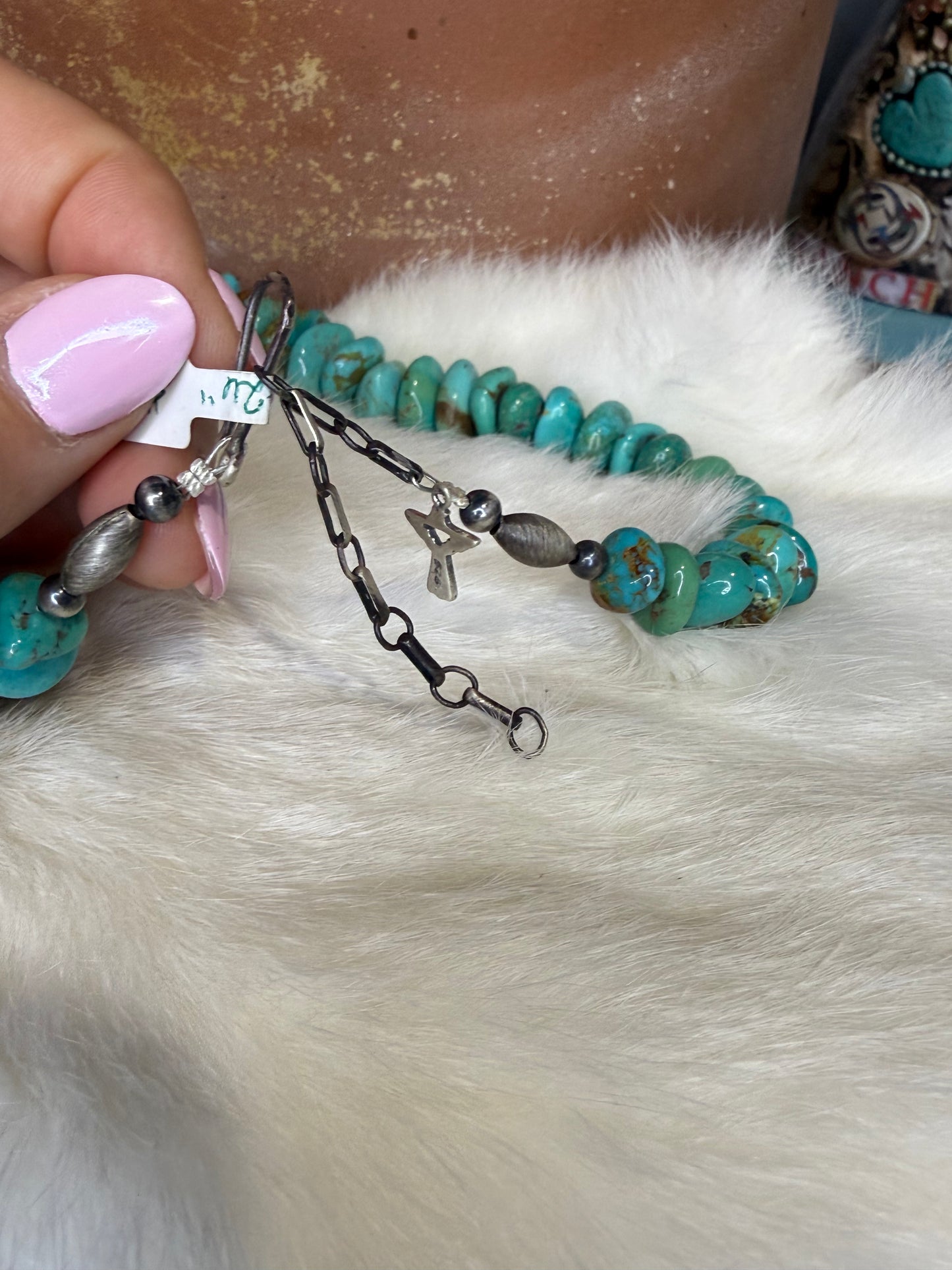 Daniel Coriz Campitos Turquoise Nugget Necklace with Sterling Silver Hand Made Beads