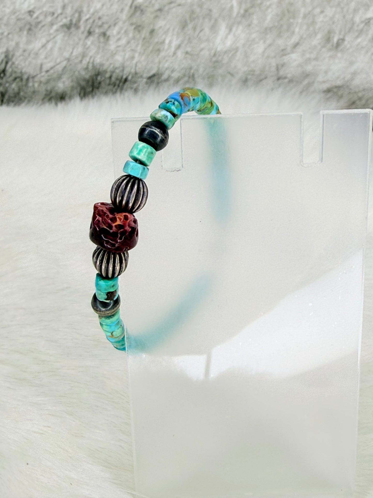 Turquoise Heishi, Purple Spiny, and Sterling Silver Bead Bracelet