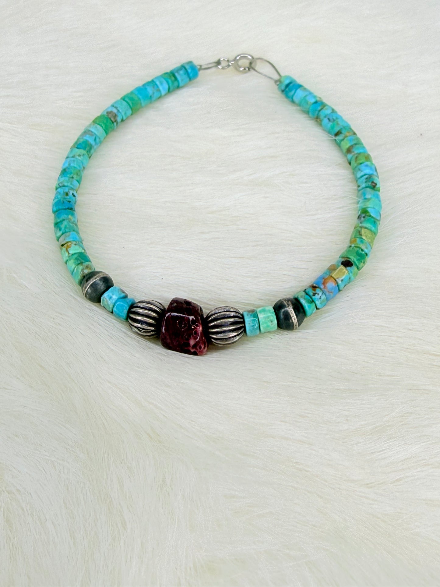 Turquoise Heishi, Purple Spiny, and Sterling Silver Bead Bracelet
