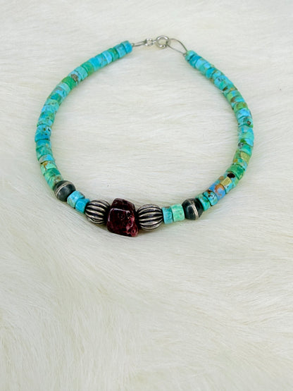 Turquoise Heishi, Purple Spiny, and Sterling Silver Bead Bracelet