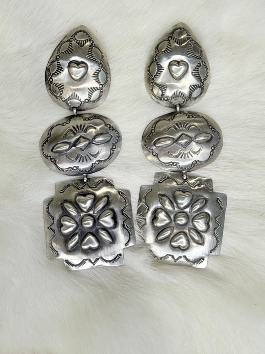 Rita Lee, 3 Tier Sterling Silver Concho Earrings