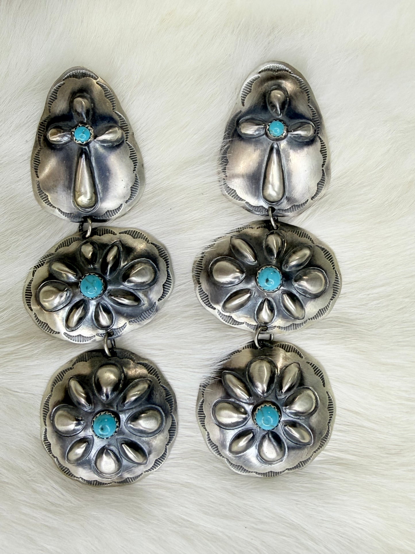 L. Yazzie, 3 Tier Sterling Silver Concho Earrings with Turquoise