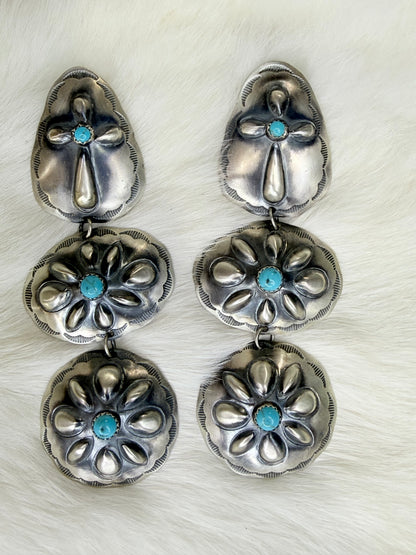 L. Yazzie, 3 Tier Sterling Silver Concho Earrings with Turquoise