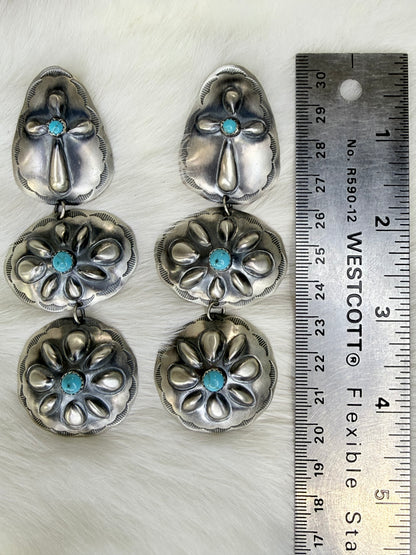 L. Yazzie, 3 Tier Sterling Silver Concho Earrings with Turquoise