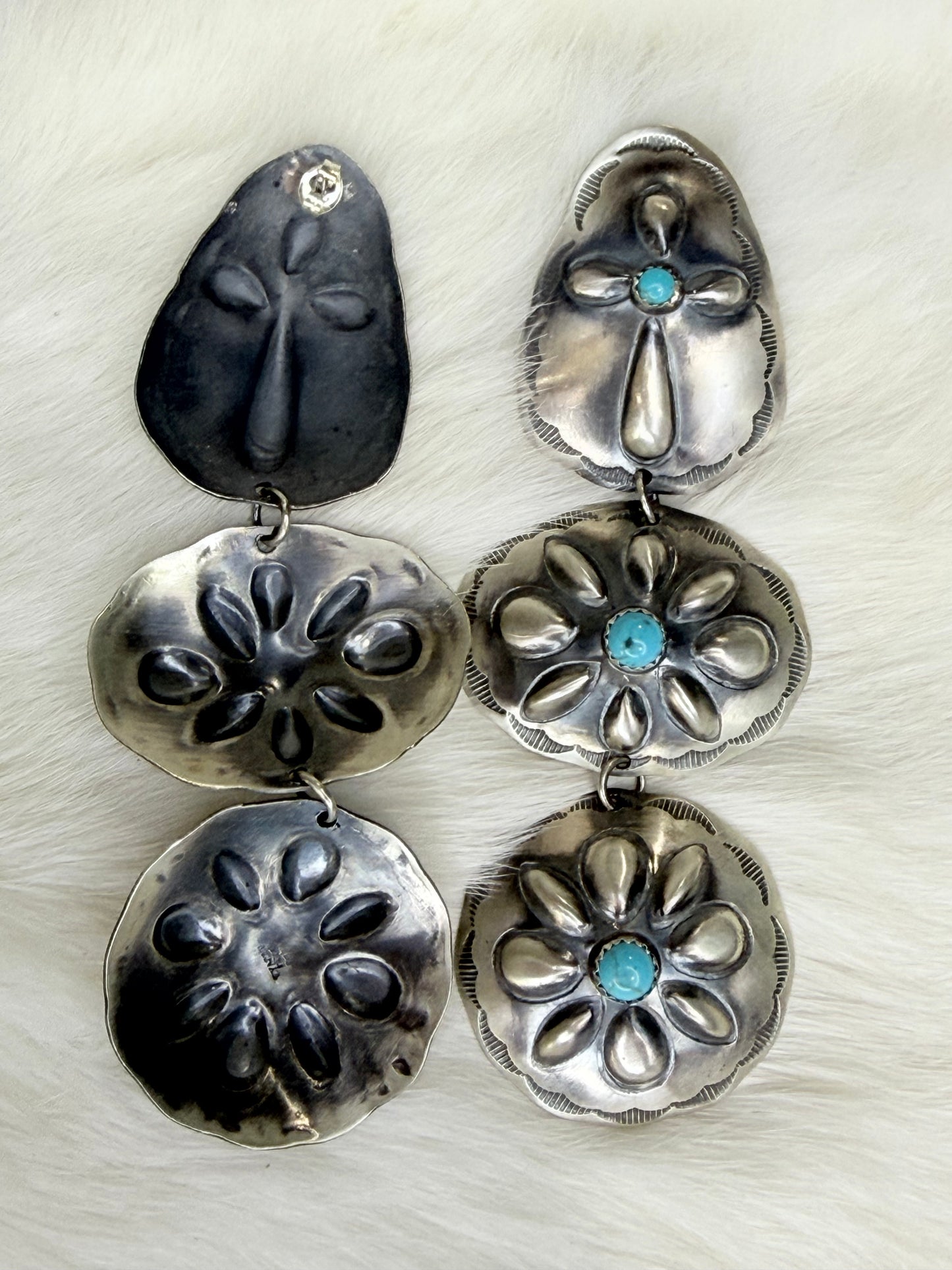 L. Yazzie, 3 Tier Sterling Silver Concho Earrings with Turquoise