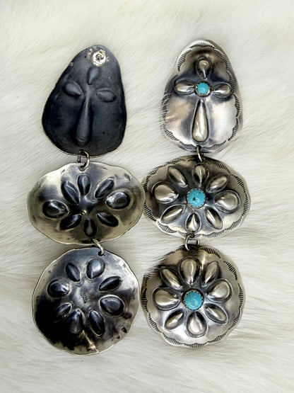 L. Yazzie, 3 Tier Sterling Silver Concho Earrings with Turquoise