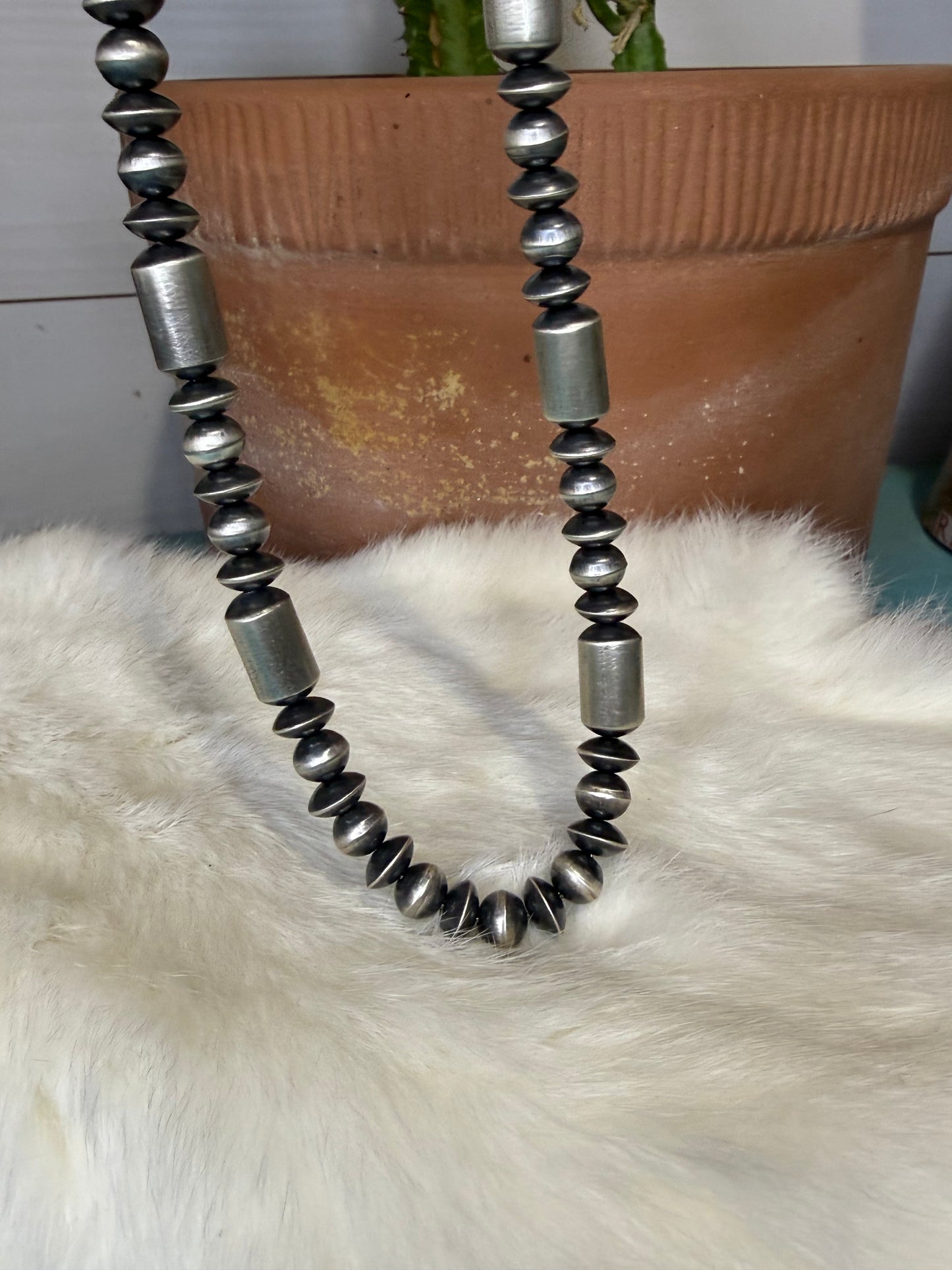 22" Tonisha Haley- Handmade Barrel, Saucer & Pearl Navajo Necklace