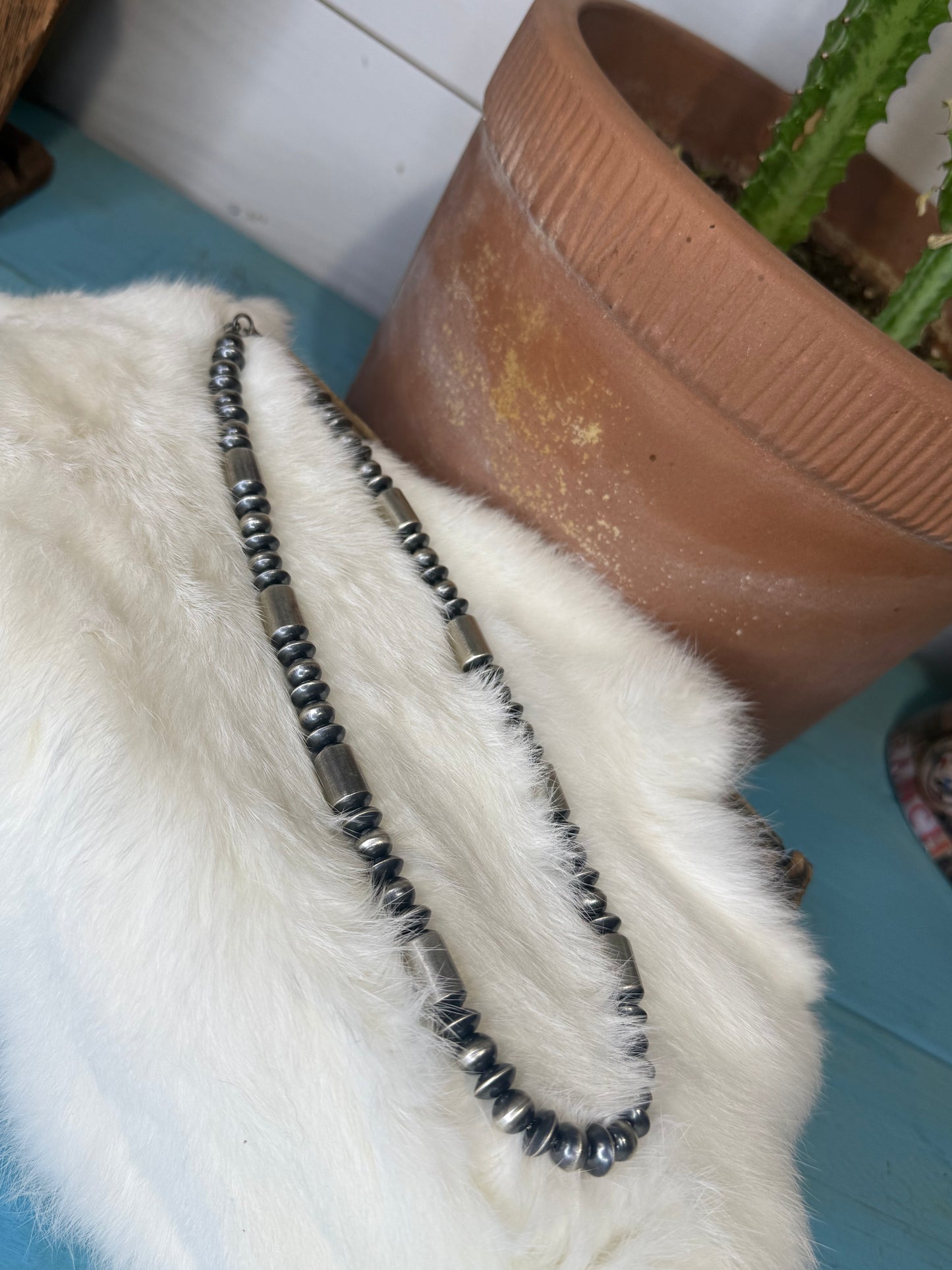 22" Tonisha Haley- Handmade Barrel, Saucer & Pearl Navajo Necklace