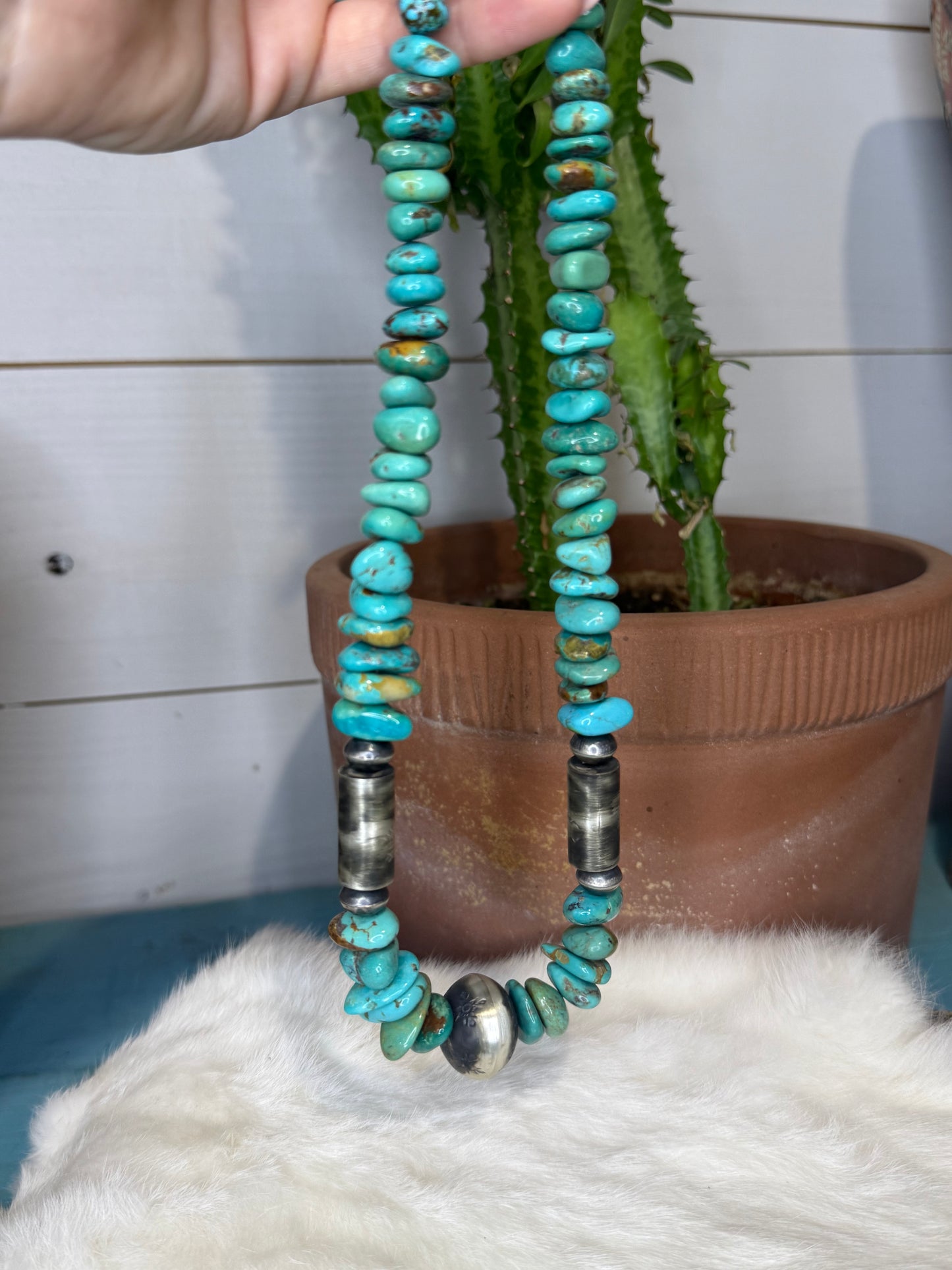 Daniel Coriz Campitos Turquoise Nugget Necklace with Sterling Silver Hand Made Beads