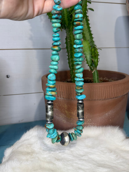 Daniel Coriz Campitos Turquoise Nugget Necklace with Sterling Silver Hand Made Beads