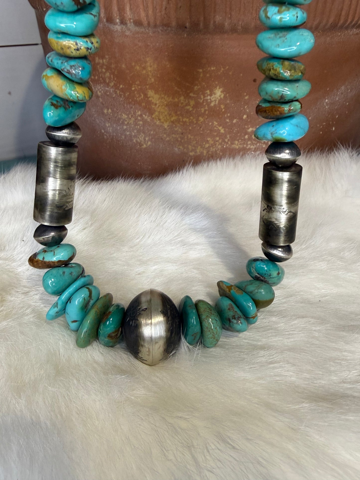 Daniel Coriz Campitos Turquoise Nugget Necklace with Sterling Silver Hand Made Beads